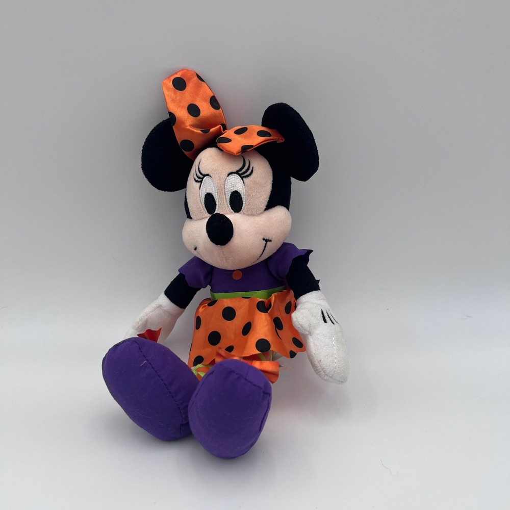 Disney Parks Halloween Minnie Mouse Plush Orange Purple Polka Dot Dress 9.5in